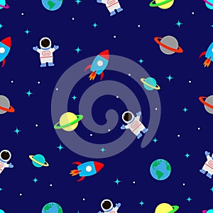 flat space seamless pattern background. Cute colored template with astronaut, spaceship, rocket