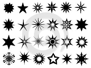 Flat sparkle stars black silhouettes, logo designs. Twinkle magic star symbols. Sparkles and glitter particles shapes