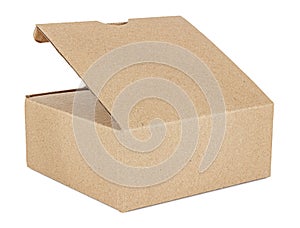 Flat square brown cardboard box with open lid isolated on white background