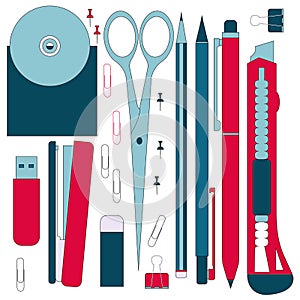 Flat stationery tools, pen set. Pen, pencil, scissors, collection. Pens vector set. School pens tools. Office tools.