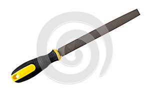 Flat steel file with yellow black rubber handle isolated on white background. Rasp tool for processing of wood and metals. Repair