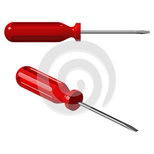 Flat steel screwdriver with red plastic handle, isolated on white background