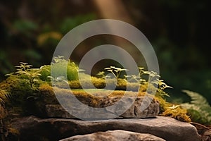 Flat stone pedestal in moss in natural forest, outdoors. Eco Background Concept