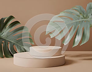 Flat stone podium with fern leaves, empty round stand for product or presentation mock-up