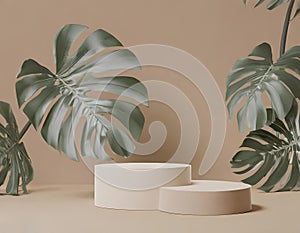 Flat stone podium with fern leaves, empty round stand for product or presentation mock-up