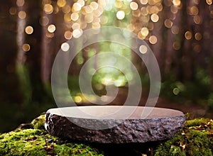 Flat stone podium in the magical forest , empty round stand for product or presentation mock-up