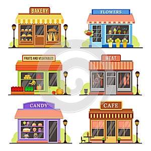 Flat store. Modern shop, boutique shopfront and restaurant facade design. Shopping stores cartoon illustration set