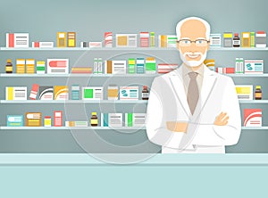 Flat style aged pharmacist at pharmacy opposite shelves of medicines