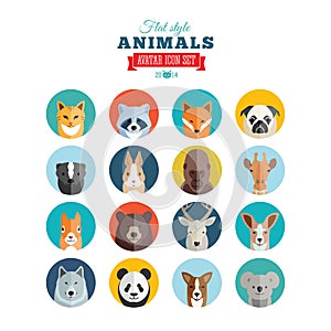 Flat Style Animals Avatar Vector Icon Set