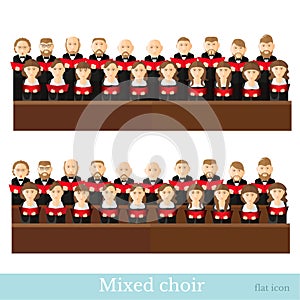 Flat style big mixed choir in two raws with black suits and red cover notes on white