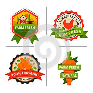 Flat style of bio organic eco healthy food label logo template and vintage vegan farm element in orange green color