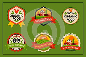 Flat style of bio organic eco healthy food label logo template and vintage vegan farm element in orange green color