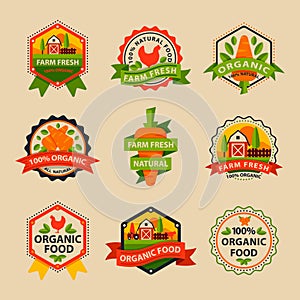 Flat style of bio organic eco healthy food label logo template and vintage vegan farm element in orange green color