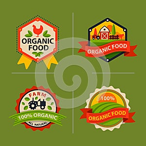 Flat style of bio organic eco healthy food label logo template and vintage vegan farm element in orange green color