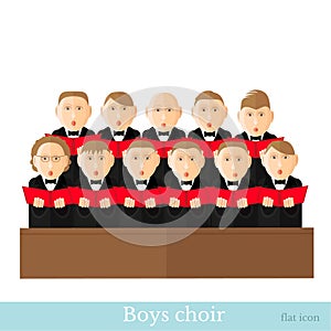 Flat style boys choir in two raws with black suits and red cover notes isolated