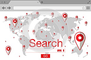 Flat style browser search engine. World map with pins