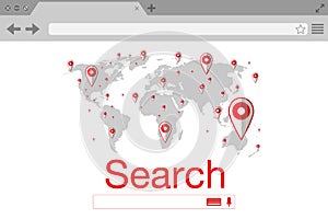 Flat style browser search engine. World map with pins