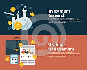Flat style business success strategy target infographic concept and Investment research. Web banners templates set