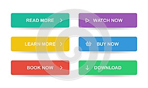 Flat style buttons for website. Read more, Learn more, Book now, Watch now, Buy now, Download. Vector EPS 10