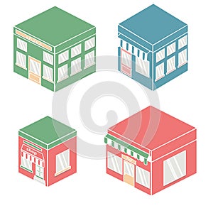 Flat style cafe restaurant bistro little tiny shop icon set food market shoes and coffee.