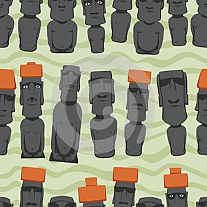 Flat style Cartoon Easter Island Rapa Nui seamless background with Moai, tropical colorful pattern