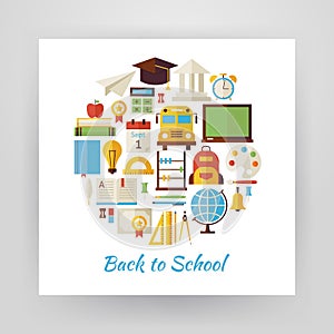 Flat Style Circle Vector Set of Back to School and Education Obj