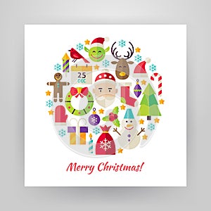 Flat Style Circle Vector Set of Merry Christmas Objects