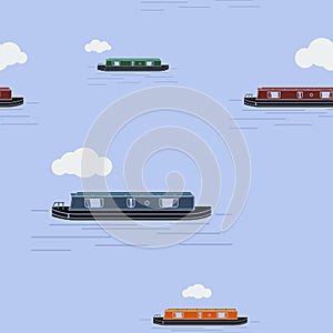 Flat Style Cloudy Sky Narrow Boat Vector Illustration Seamless Pattern