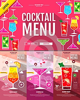 Flat style cocktail menu concept Web site design.
