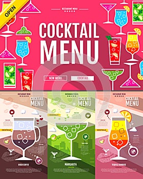Flat style cocktail menu concept Web site design.