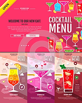 Flat style cocktail menu concept Web site design.