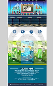 Flat style cocktail menu concept Web site design.