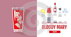 Flat style cocktail menu design. Cocktail bloody mary recipe