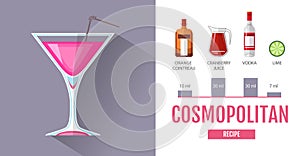 Flat style cocktail menu design. Cocktail cosmopolitan recipe