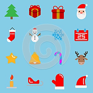 16 flat style color icons set in Christmas theme, vector design.