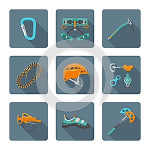 Flat style colored various alpinism tools icons collection