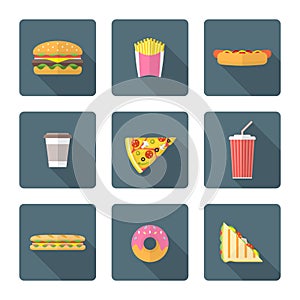 Flat style colored various fast food icons collection