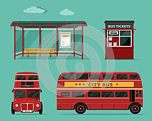 Flat style concept of public transport. Set of city bus with front and side view, bus stop, street bus ticket office.