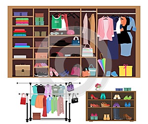 Flat style concept of wardrobe for women. Stylish closet with women's fashion, clothes, shoes and bags.