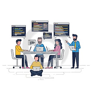 Diverse Team Collaborating on Software Development Project with Code Snippets Flat style 2D illustration