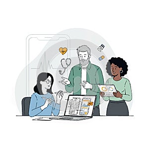 Diverse Team Collaborating on Healthcare App Development and Digital Health Strategy Flat style 2D illustration