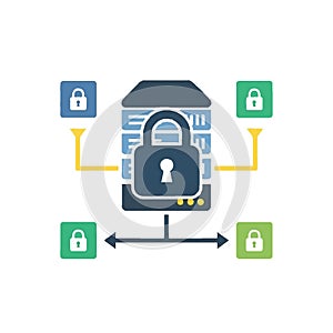 Data Security Network Server Protection with Padlocks and Network Connection Flat style 2D illustration
