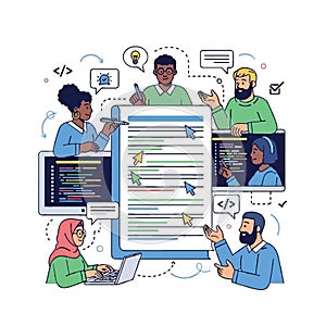 Diverse Team Collaborating on Software Development Project with Code and Ideas Flat style 2D illustration