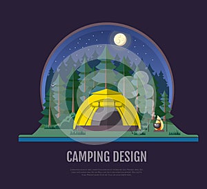 Flat style design of forest landscape and camping. Night scene photo