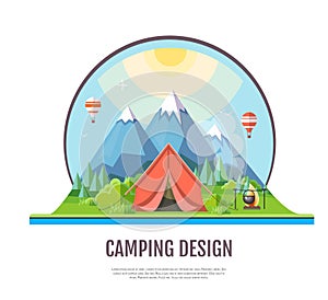 Flat style design Mountains landscape and camping.