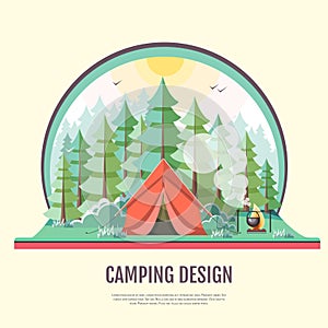 Flat style design of retro forest landscape and capming. photo