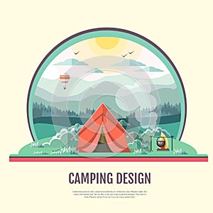 Flat style design of retro Mountains landscape and capming. photo
