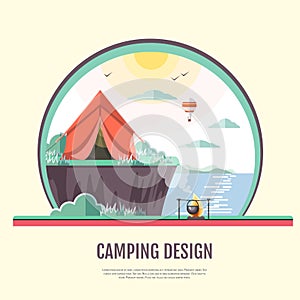 Flat style design of retro seaside landscape and camping photo