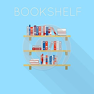 Flat-style design of three bookshelfs with books