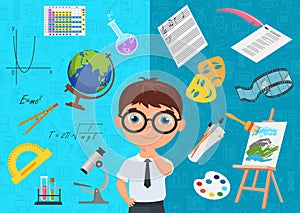 Flat style of diligent schoolboy character in glasses surrounded with various icons of school subjects on blue